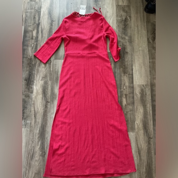 ZARA Women's Red Crochet Knotted Bib Maxi Dress 3/4 Sleeve dress Large NWT - Picture 3 of 4